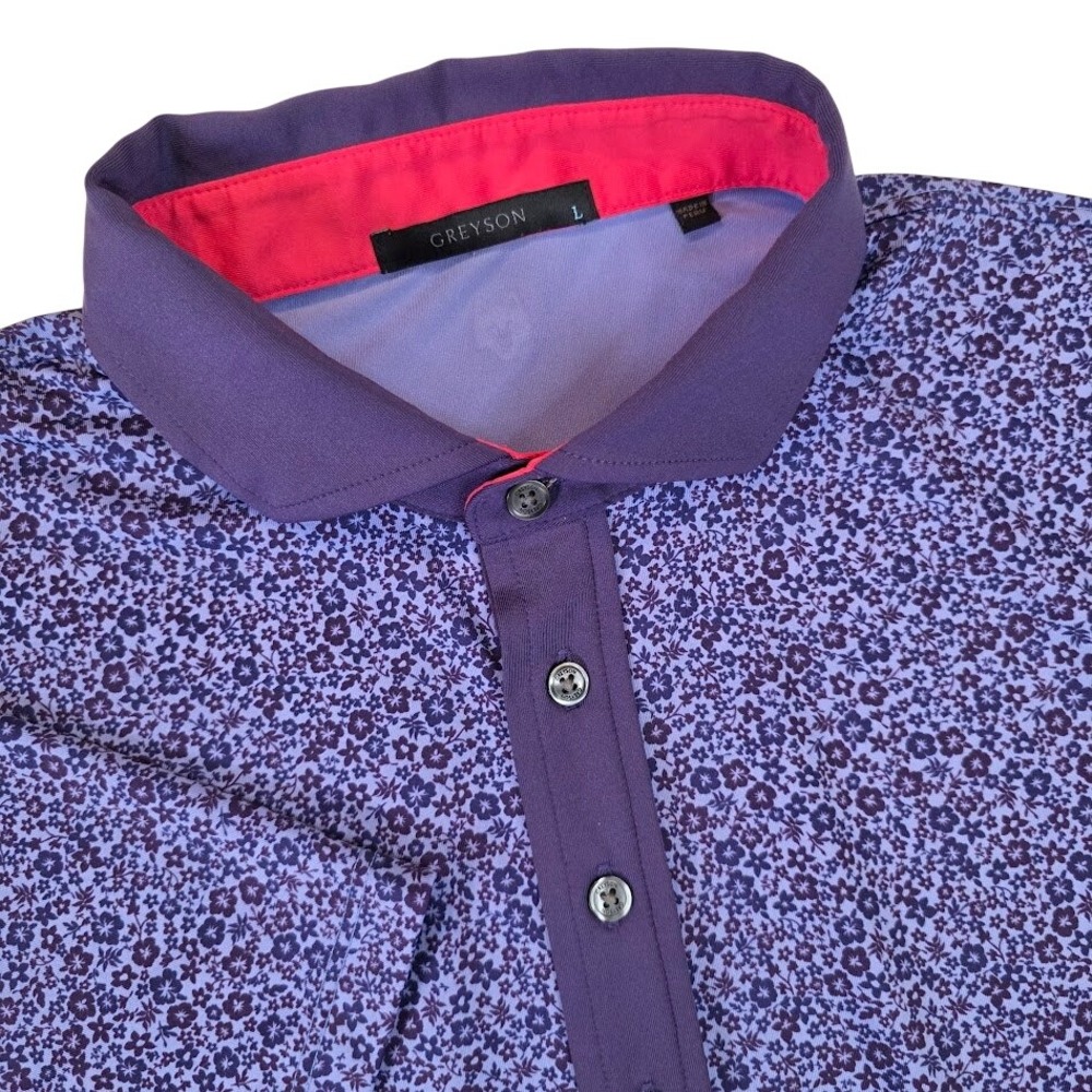 Greyson Men's Large Polo Shirt Purple Micro Floral Performance Short Sleeve Golf